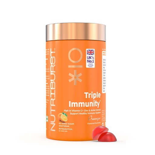 [BRSROAQ7AF6RGADX] Nutriburst Triple Immunity Gummies with Vitamin C, Zinc and Amla extract | No-Added Sugar | Orange Flavor | 100% Vegetarian | 60 Gummy