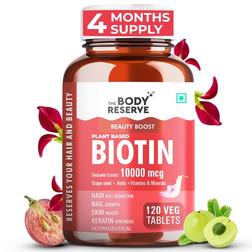 [BRSRAZAOB4MBSYDG] The Body Reserve Plant Based Biotin Tablets | Biotin from Sesbania with Amla & Grapeseed | Hair Vitamins for Men & Women Supporting Hair Growth & Hair Regrowth | Strong Hair, Skin & Nails | 120 Veg Tablets