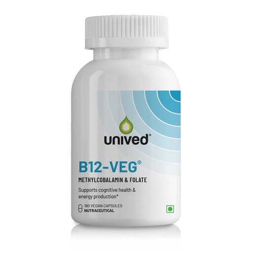 [BRSWGZQTCN5AMCI2] Unived Vitamin B12 Veg, Methylcobalamin (98%), with Methyltetrahydrofolate (5-MTHF), Brain Cells & Nerve Tissue Support, 180 Capsules