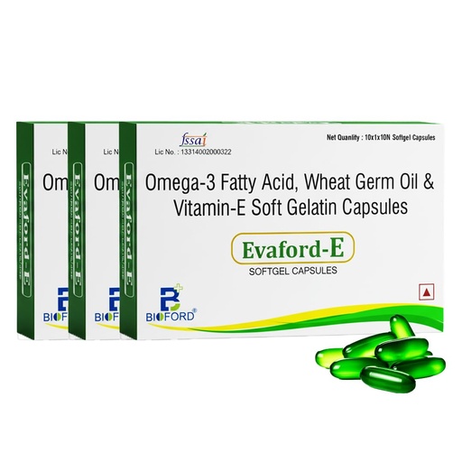 [BRSREBARC4IBGFLA] Evaford-E Rich Supplement of Omega 3 Fish Oil with Wheat Germ Oil & Vitamin E Capsules | Supports Skin Glow, Hair Strength & Heart Health | Antioxidant Softgels (3x Strip) 30 Capsules