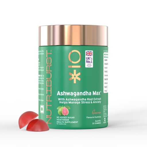 [BRSROAATCQHAGCDO] Nutriburst Ashwagandha Max 500mg Gummies for Stress and Anxiety Relief | Vigour, Energy, Power & Stamina | Relax Refresh Mind & Body | Guava Flavor Gummies, No added sugar| 30 Gummy