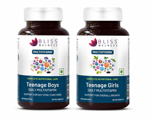 [BRSRYYALAEFGGET6] Bliss Welness Teenage Multivitamin Combo for Boys & Girls with Vitamins, Minerals, Calcium, Zinc, Brahmi & Ashwagandha for Immunity, Brain, Bone, Hair & Muscle Health | 60 Tabs Each