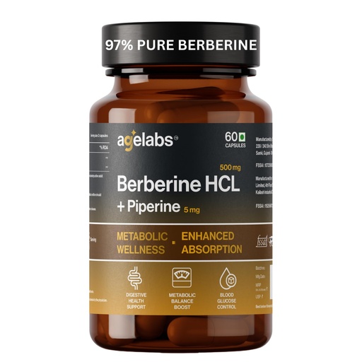 [BRSRGYYCAQDRYCL5] Berberine HCl 500mg | 97% Berberis Aristata Extract with Piperine upto 6X Better Absorption | Supports Blood Sugar, Cholesterol & Metabolism | High Potency Berberine Supplement | 60 Veg Capsules