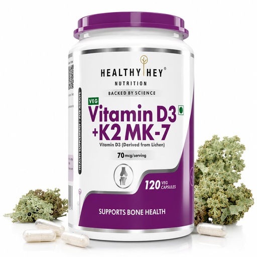 [BRSRY23QC4FB6FD7] HealthyHey Nutrition Vitamin D3 + K2 MK-7 Supplement Capsules | D3 Derived from Lichen | Vitamin D3 + Vitamin K2 Mk7 Capsule | 120 Veg. Capsules
