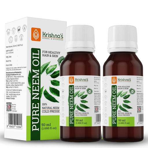[BRSWGCAPOQPREFDU] Krishna's Pure Neem Oil - 50 ml (Pack of 2) | Natural & Cold Pressed Neem Oil | For Healthy Skin & Hair