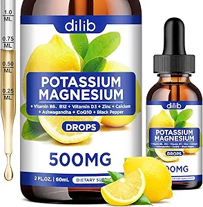 [BRSRAZTQAQHA22DG] Potassium Magnesium Citrate Supplement, Liquid Magnesium Citrate Drops 500mg with Ashwagandha, Calcium, Zinc, Vitamin D3, B6, B12, CoQ10 - Vegan 2 fl oz Pineapple Flavor