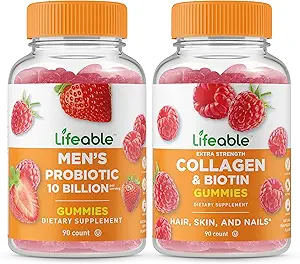 [BRSROZI6CJYGCHT6] Lifeable Men's Probiotic 10 Billion + Collagen & Biotin, Gummies Bundle - Great Tasting, Vitamin Supplement, Gluten Free, GMO Free, Chewable Gummy