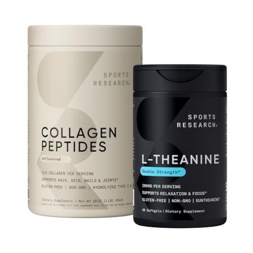 [BRSRAH37DFYRQGYU] Sports Research® Collagen Peptides Hydrolyzed Type 1 & 3 Powder Protein Supplement Easy Mixing Vital Nutrients & Proteins and Double Strength L-Theanine Supplement for Focus, Relaxation & Alertness