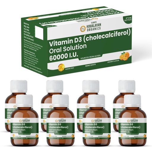 [BRSREZD3BAHG2HTU] Vlado's Himalayan Organics Vitamin D3 60000 IU Shots | Cholecalciferol Vitamin D3 60000 IU Supplement I Sugar Free I Oral Solution I Vitamin D 60K for Men & Women – 5ml Each bottle - Orange Flavour - (Pack of 8)