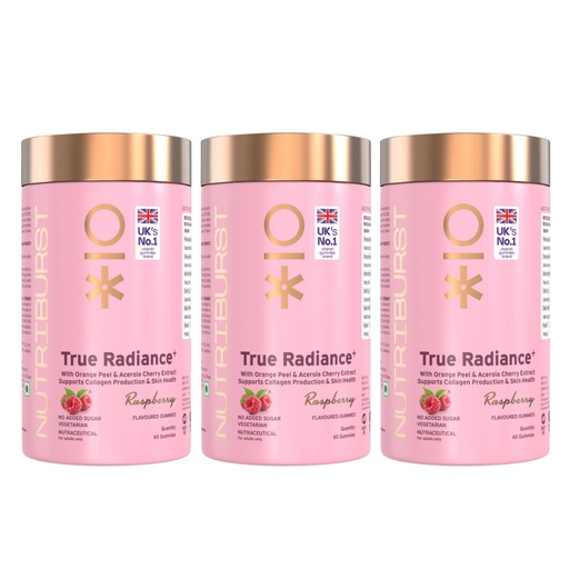 [BRSRGYYKCECWMD3A] Nutriburst True Radiance Gummies for Collagen Improvement | Raspberry Collagen Gummies with Orange Peel | Acerola Cherry & Sea Buckthorn, No Added Sugar | Enhance Elasticity & Healthy Skin| (60 Gummy)