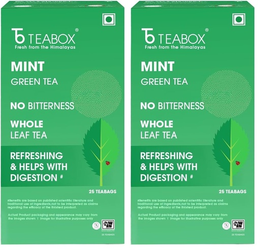 [BRSRYZAOBN6R43QU] Teabox Mint Green Tea | 25 Tea Bags with Premium Green Tea & Real Peppermint Leaves | Refreshing, Cooling & Smooth | Low Caffeine | Clean Ingredient Blend (Pack of 2)