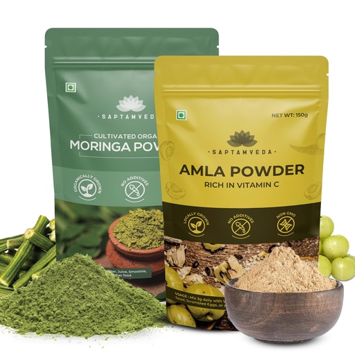 [BRSW2EIQDIFRGHT5] SAPTAMVEDA 100% Organic Moringa Powder and Organic Amla Powder (150 gms + 150 gms) - Superfood Combo Pack Of 2-300gms | Indian Gooseberry Powder| Rich In Vitamin C