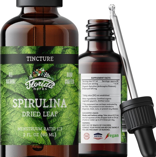 [BRSWGFIDPMOROH3V] Spirulina Tincture, Organic Spirulina Extract (Arthrospira Platensis) Herbal Supplement, Non-GMO in Cold-Pressed Organic Vegetable Glycerin, 700 mg, 2 oz (60 ml)