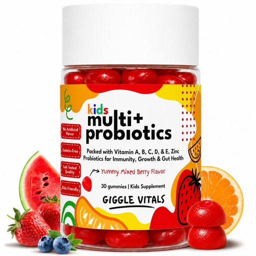 [BRSRYZLYCQDRGALK] Giggle Vitals Kids Multivitamin + Probiotics Gummies | 23 Essential Nutrients with Vitamins A, B, C, D, E & Zinc | 2 Billion CFU for Immunity, Gut Health & Growth | Mixed Berry Flavor | 30 Gummies