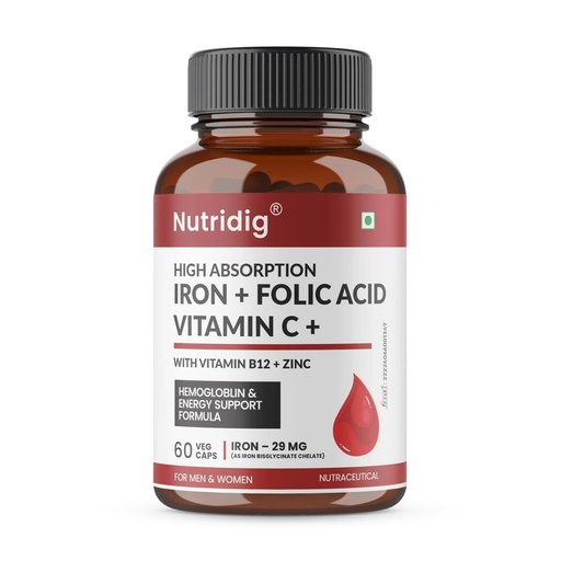 [BRSRYFIOOJYGKDTF] High Absorption Iron with Folic Acid, Vitamin C, Vitamin B12 & Zinc | Daily Iron Supplement | 60 Veg Capsules