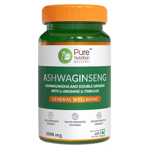 [BRSWYZT5ARYBA33J] Pure Nutrition Ashwaginseng Supplements 1000mg | Ashwagandha Tablets with Double Ginseng, L-Arginine & Tribulus For Energy, Stamina, Stress Relief & Performance - 60 Veg Tablets