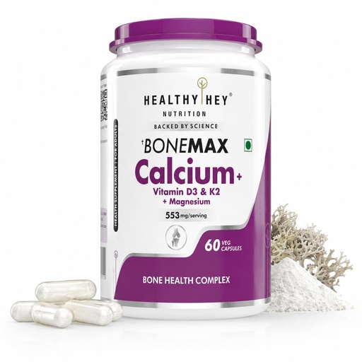 [BRSW2GQRCUMAGHTH] HealthyHey BoneMax Calcium, D3, K2 & Mg | 100% Vegetarian | Calcium, Vitamin D3 & K2-MK7 and Magnesium - Benefits Bone Health & Joint Support (60 Capsules)