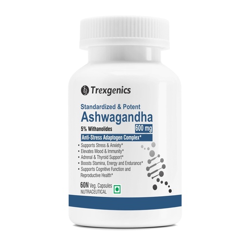 [BRSRAAIZDMOQY3TK] Trexgenics Ashwagandha 600 mg 5% Withanolides Stress, Thyroid, Energy, Sports Performance Support (60 Veg. Capsules) (Pack of 1)