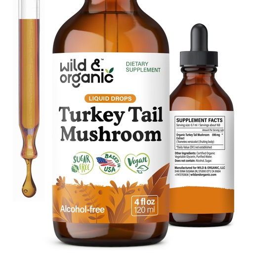 [BRSROY32BV7QK3D7] Wild & Organic Turkey Tail Mushroom Tincture - Immune Support Drops with Turkey Tail Extract - Liquid Mushroom Supplement for Gut Support - Vegan, Sugar & Alcohol-Free - 4 fl oz