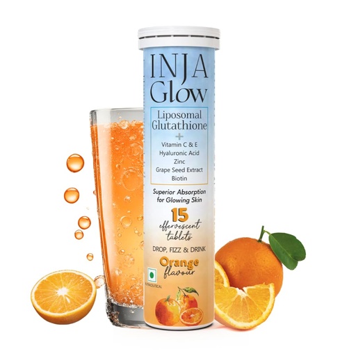 [BRSRA237O4CR43TK] INJA Glow Liposomal Glutathione with Vitamin C & E, Hyaluronic Acid, Zinc, Biotin & Grape Seed Extract, 4x More Effective, Reduces Dark Spots, Enhances Skin Glow & Collagen, Orange Flavour, 15 Tablets
