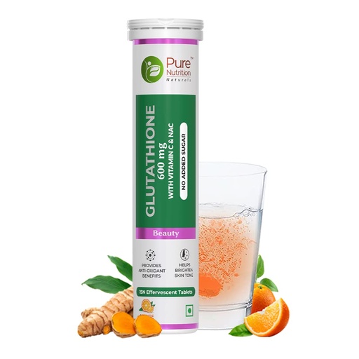 [BRSRMYLYCAJQMF34] Pure Nutrition L-Glutathione Effervescent Tablets 600mg with Vitamin C | Glutathione Supplement | Antioxidant Support for Skin Health & Immune Support | Orange Flavour | 15 Effervescent Tablets