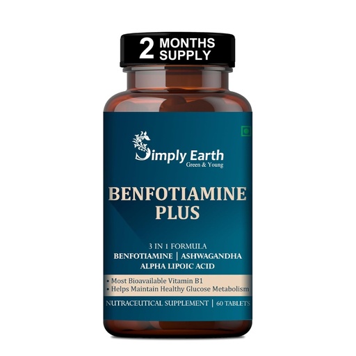 [BRSRAAQLAB5RO2Q2] Simply Earth Benfotiamine+ 600mg with Ashwagandha & Alpha Lipoic Acid - Helps Maintain Blood Sugar Levels Supplement - Promotes Nerve Health & Metabolic Function - High Potency B1 Vitamin Supplement - 60 Tablets
