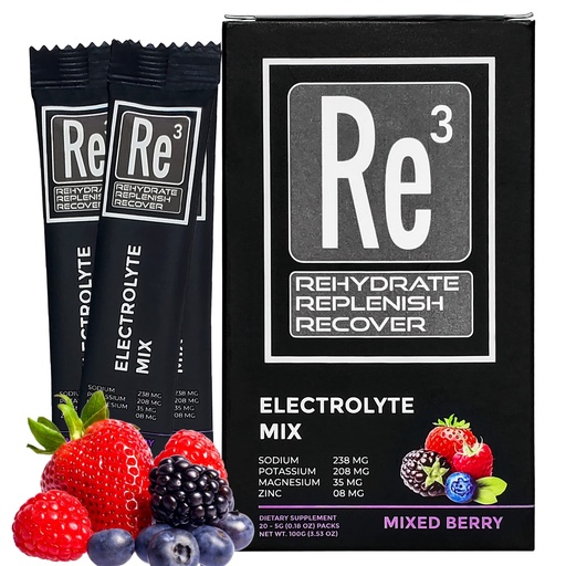 [BRSRMGQ3CACRYHLH] Re3 - Rehydrate - Replenish - Recover Electrolyte Powder Packets. No Sugar, 7 Cal, 1.4 Carbs. The Best Mix of Vitamins and Minerals (Mixed Berry)