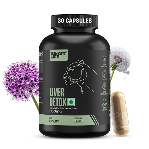 [BRSREFL2O4FQIGQV] BeastLife Liver Detox with Pure Milk Thistle (80% Silymarin) Extract | Added Multivitamin & Amino Acid with Natural Detoxification Formula | Liver Support Supplement | 30 Veg Capsules