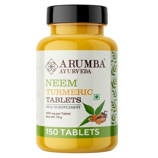 [BRSRMGQQCAPBMD34] Ayurveda Neem Turmeric with Black pepper Tablets 150 Tablets, Pure Turmeric Root Powder and Neem Leaf Powder