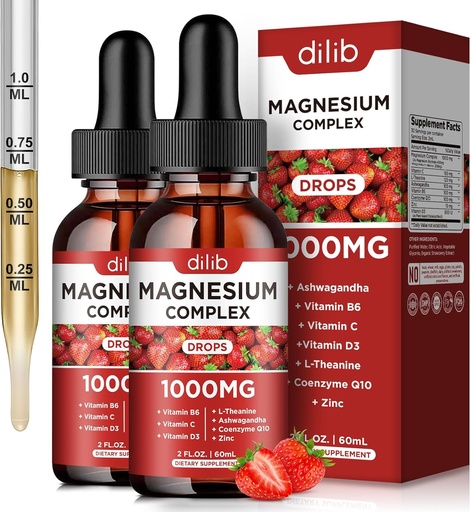 [BRSROGIYDIMWY33V] Triple Magnesium Complex Supplement, Magnesium Glycinate, Blend, Citrate Liquid Drops 1000mg with Ashwagandha, CoQ10, Vitamin B6, C, D, Zinc -Support Calm Stress Relief, Bone, Muscle, Mood 2 Pack
