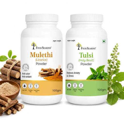 [BRSRYEIBC55AIEIZ] Four Seasons Mulethi Powder + Tulsi Powder – 100% Natural Ayurvedic Herbal Blend for Respiratory Health, Throat Care, Immunity & Daily Wellness, Combo Pack