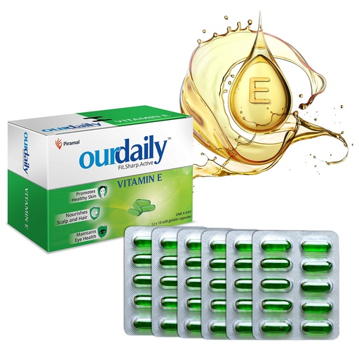 [BRSWYADROEFQ4HIY] OurDaily Vitamin E Capsules for Face & Hair by Piramal | 400mg | 60 capsules | 6 Strips | Vitamin E Tablet for Beautiful Glowing Face, Healthly Skin, Hair & Eyes Nutrition