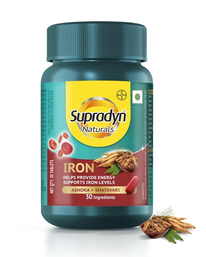 [BRSROCD6OQFREADD] Supradyn Naturals Iron (30 tablets) with 3X Iron, Ashoka, Shatavari, Zinc, Vitamin C, Folic Acid, 30 vital nutrients, Supports Blood Health & Provides Energy, Veg