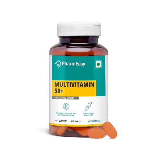 [BRSRMYD2BEARME3A] PharmEasy Multivitamin 50 Plus Age Tablets with Vitamins, Minerals, Herbal Extracts, Antioxidants, Immunity and beauty Blend for Energy, Heart, Bones and Skin Support - 60 Tablets