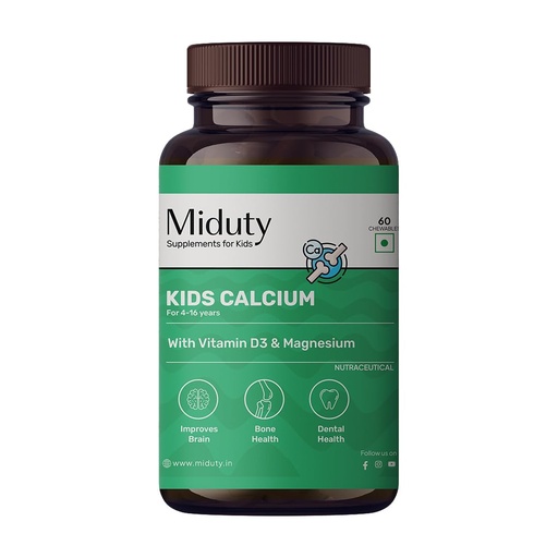 [BRSWYZYPDEPQO2D4] Miduty Kids Calcium - Vitamin D3, K2 & Magnesium - Strong Bones & Teeth - Mint-Flavored, Sugar-Free Calcium Supplement for Active & Picky Eaters - 60 Chewables
