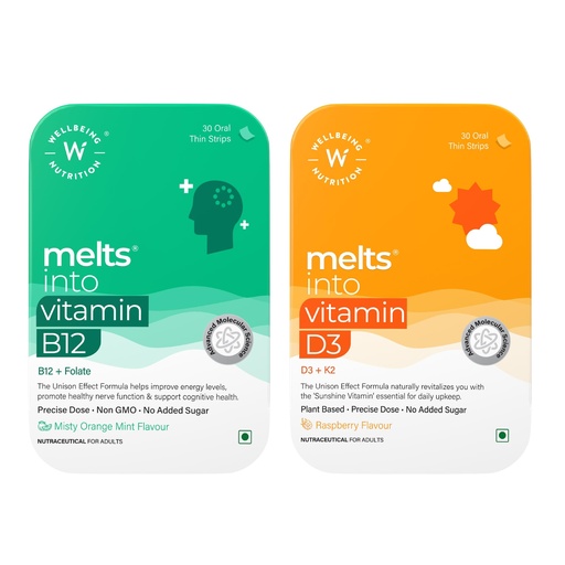 [BRSRYEAEA56GMHLD] Wellbeing Nutrition Melts Vitamin D3 600 IU + K2 MK7 with Resveratrol & Vitamin A + Vegan Vitamin B12, Folate, Brahmi & Curcumin Bundle | Supports Bone Health, Calcium Absorption, Immunity, Memory, Br