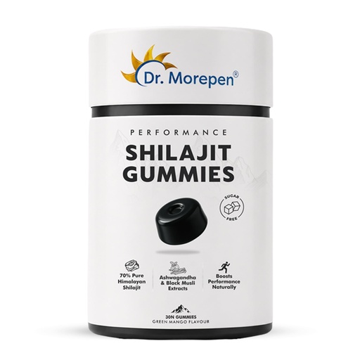 [BRSRGZD5AADQA3D4] Dr. Morepen Shilajit Gummies with 70% Pure Himalayan Shilajit, Ashwagandha & Black Musli Extracts, Sugar-Free Performance Booster – Green Mango Flavour, 30 Gummies