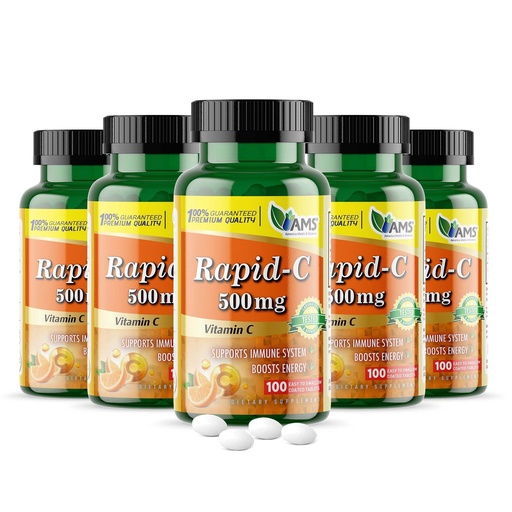 [BRSRMFQHCVYAIA32] America Medic & Science Rapid-C 500mg Vitamin C Supplement 500 Tablets (5 Pack of 100 Tablets) Daily Immune System Support, Antioxidant | Vegan, Non-GMO Coated Ascorbic Acid for Adult Men & Women
