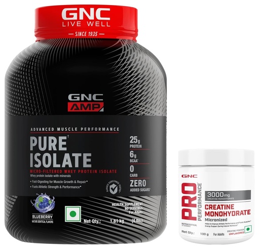 [BRSRAZYFBECGM3Q7] GNC AMP Pure Isolate Whey | Informed Choice Certified | Blueberry | 4 Lbs + Pure Micronized Creatine Monohydrate | 100 Gm (33 Servings) Combo Pack, 1914 Grams
