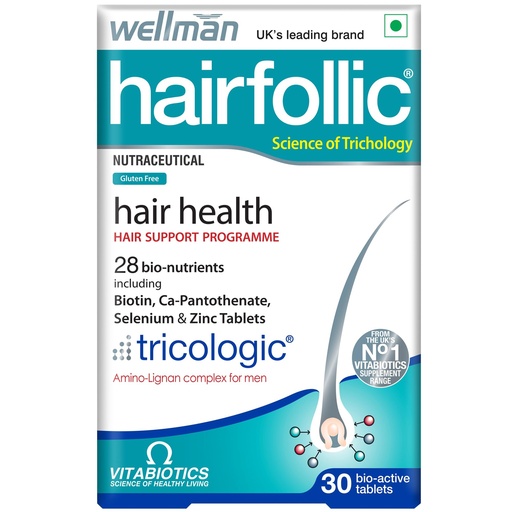 [BRSWY233OEHW22AV] Wellman Hairfollic Hair supplements for Men with zinc, selenium, lignans that supports hair growth, provide strength to hair roots | vegetarian 30 tablets
