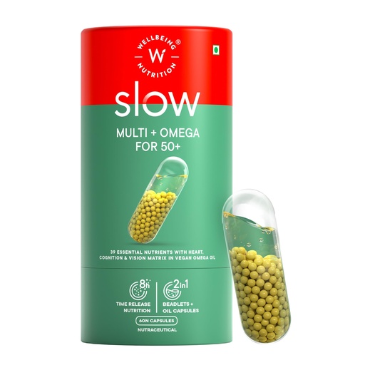 [BRSW2BIPOB6BODLO] Wellbeing Nutrition Slow Multivitamin + Omega 3 for Men & Women, Adult 50+ | B-Complex, Coq10, Vitamin D3, C, Zinc, Calcium + 40 Nutrients | Energy, Immunity, Joint, Heart & Memory, 60 Veg Capsules