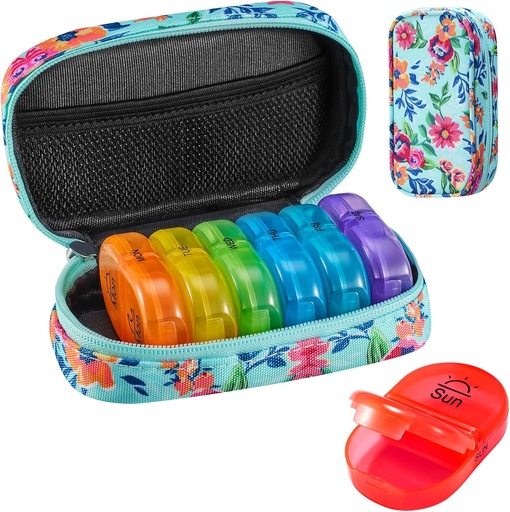 [BRSROZAOBUNQM2DK] Serfeymi Weekly Travel Pill Organizer 2 Times A Day AM PM Upgraded Rainbow Pill Box 7 Day with Portable Zipper Canvas Pill Case, Medicine Organizer for Pills, Vitamins, Fish Oils - Green 01