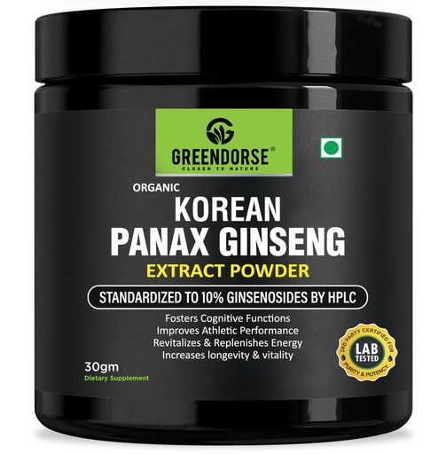 [BRSRMFIPOV5GODTU] GREENDORSE Organic Korean Panax Ginseng Extract Powder |10% active Ginsenosides by HPLC | Lab tested| Immune & Cognitive support, Boosts Energy, Stamina, Vegan Friendly-30g