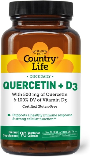 [BRSWYGAYCIFRMDQY] Country Life Quercetin 500mg Capsule con Vitamina D3 800 IU – Integratore di Supporto Immune per Adulti – Booster Immune Giornalieri – Sistema immunitario di Quercetina Boost, 90 Capsule