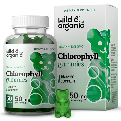 [BRSW2ZAFCAIQMG3U] Wild & Organic Chlorophyll Gummies 50mg - Detox Cleanse Supplements w/Sodium Copper Chlorophyllin - Internal Deodorant w/Chlorophyll Powder - Vegan, Non-GMO - 60 Herbal Chews