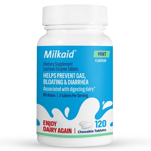 [BRSRAAIFCIHA4CD6] Milkaid Lactase Enzyme Chewable Tablets for Lactose Intolerance Relief | Prevents Gas, Bloating & Diarrhea | Fast Acting Dairy Digestive Supplement (120 Tablets, Mint)