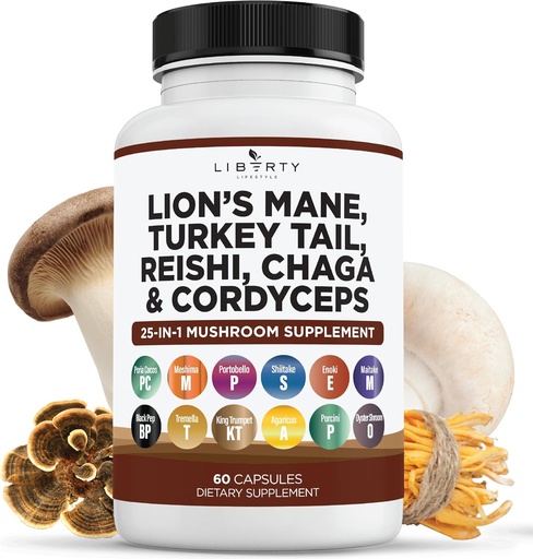 [BRSRAZ35C4OWC3D3] León Mane Mushroom Suplemento con Turquía Tail Reishi Cordyceps Chaga con Marshmallow Root - 1-Pack