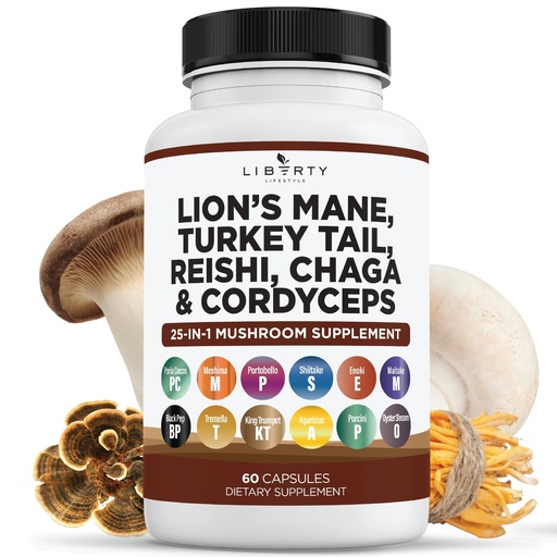 [BRSRAZ35C4OWC3D3] Liberty Lifestyle Lions Mane Mushroom Supplement with Turkey Tail Reishi Cordyceps Chaga with Marshmallow Root - 1-Pack