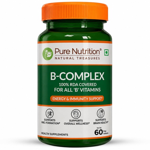 [BRSRAZ3RAFYQ2YL7] Pure Nutrition B-Complex 60 Veg Tabs – 100% RDA of B1, B2, B3, B5, B6, B9 | Boosts Immunity, Supports Hair Growth, Energy & Overall Health for Men & Women