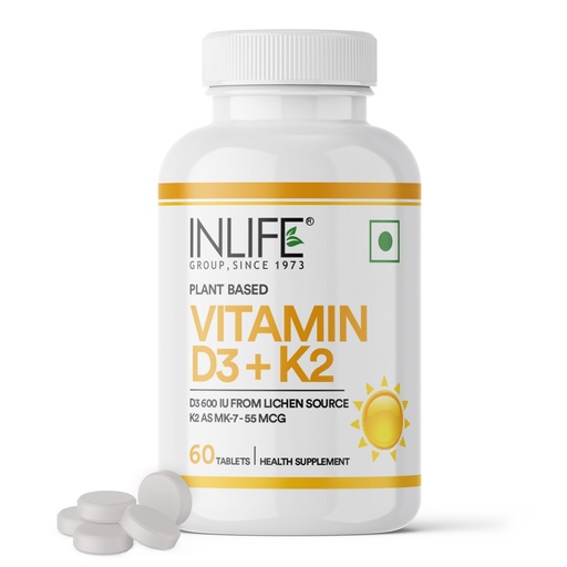 [BRSREBAQOECB63TF] INLIFE Vitamin D3 K2 Supplement, 600 IU D3 K2 MK7 55 mcg, 60 Tablets